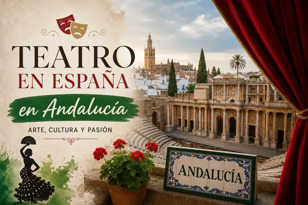 Promotional poster for Teatros en España: Andalucía, with an ancient amphitheater, red curtain on the right, and a flamenco-dancer silhouette.
